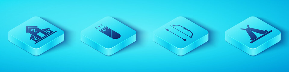 Set Isometric Church building, Quiver with arrows, Indian teepee or wigwam and Bow and arrow in quiver icon. Vector. © Vadim