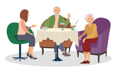 Family dinner at home vector illustration. Relatives drinking coffee and eating an ice cream. Granddaughter communicates with grandparents isolated on white background. Characters are sitting together