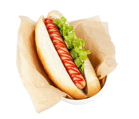A hot dog isolated on a white background. View from another angle in the portfolio.