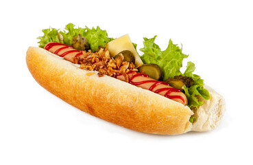A hot dog isolated on a white background. View from another angle in the portfolio.