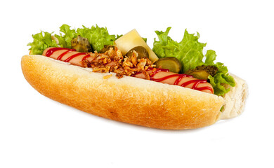 A hot dog isolated on a white background. View from another angle in the portfolio.