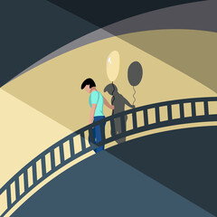 A young man with a balloon comes down the stairs. Vector illustration