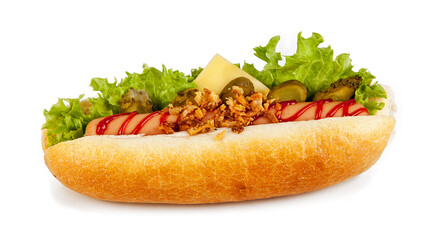 A hot dog isolated on a white background. View from another angle in the portfolio.