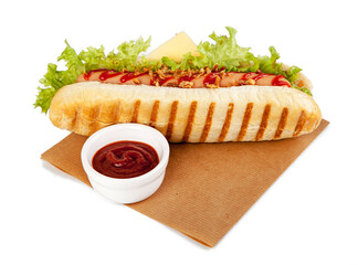 A hot dog isolated on a white background. View from another angle in the portfolio.