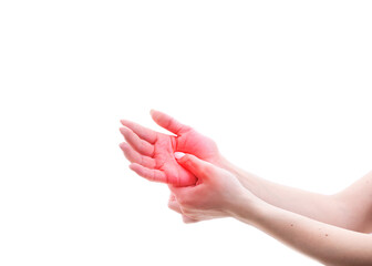 The woman's palm hurts. A damaged female hand hurts. Hands suffer from work, sports injury. Sore spot is highlighted in red. Isolated white background. 