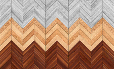 Wooden wall made of narrow planks. Hardwood parquet floor with chevron pattern. Wooden background.
