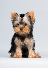 Yorkshire terrier puppy looking up on gray background
