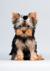 Yorkshire terrier puppy looking up on gray background