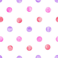 Polka dot coloful watercolor seamless pattern. Abstract watercolour background with color circles on white