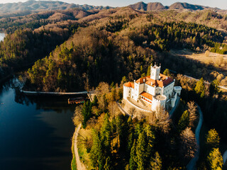 Trakoscan castle in Croatia, Zagorje region. Castle is surrounded by a beautiful lake and forest.