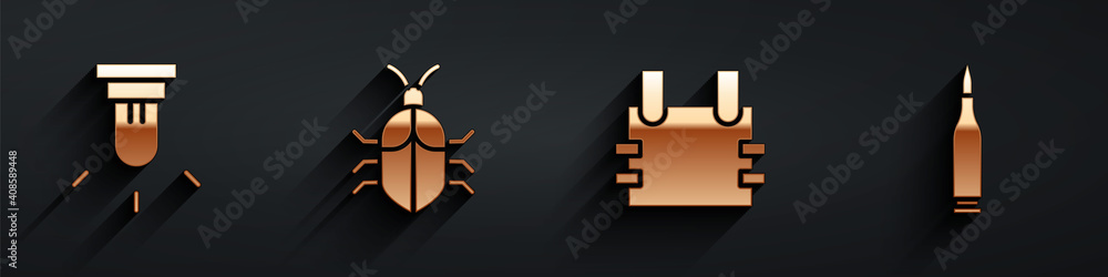 Poster set motion sensor, system bug concept, bulletproof vest and bullet icon with long shadow. vector.