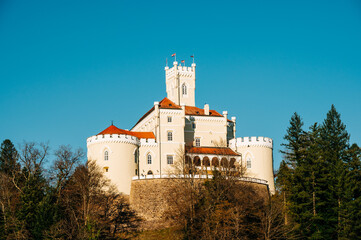 Trakoscan castle in Croatia, Zagorje region. Castle is surrounded by a beautiful lake and forest.