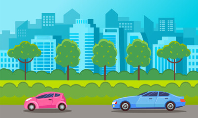 Cars drive on an asphalt road against the background of tall buildings of the city landscape. Panorama urban road summertime flat vector illustration. Road trips and freight, automobile transport
