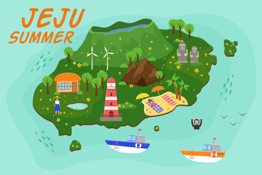 Jeju island travel map vector illustration, Attractions in flat design. Green island in south korea wuth mountaines and waterfalls. Summer travel, active lifestyle. Vacation in an Asian country