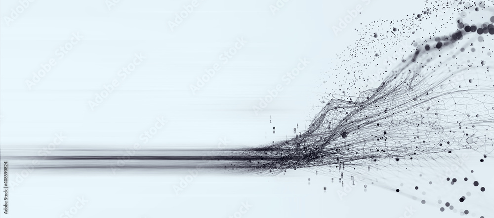 Poster Data stream. Neural network 3D illustration. Big data and cybersecurity. Global database and artificial intelligence