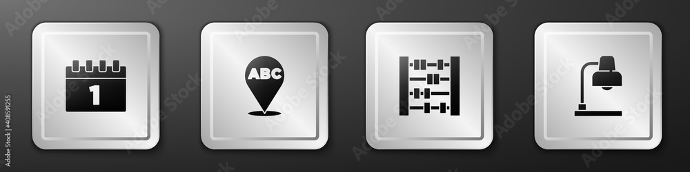 Poster set calendar first september date, alphabet, abacus and table lamp icon. silver square button. vecto