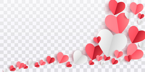 Valentines hearts postcard. Paper flying elements on transparent background. Vector symbols of love in shape of heart for Happy Women's, Mother's, Valentine's Day, birthday greeting card design. PNG .