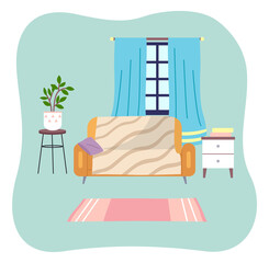 Living room interior design flat vector illustration. Arrangement of furniture and layout of premises in the apartment. Furniture equipment of rooms. Glazed window with blue curtains and a soft couch