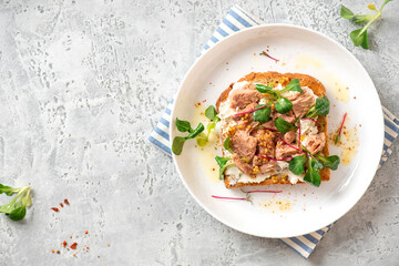 Tasty and healthy breakfast or lunch. Toast with tuna, ricotta cheese, and herbs in a white plate on a gray background top view. Mediterranean style breakfast. Free space for text.