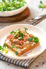 Tasty and healthy breakfast or lunch. Toast with tuna, ricotta cheese, and herbs in a white plate on a gray background close-up. Mediterranean style breakfast.