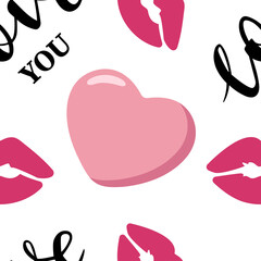 St.Valentines Day seamless pattern with pink juicy lips, heart and love you words. Vector for cards, banners, wrapping paper, posters, scrapbooking, pillow, cups and fabric design. 



