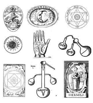 Vector set of icons and symbols based on magic, alchemist, occultism, alchemy, witchcraft and ancient rituals