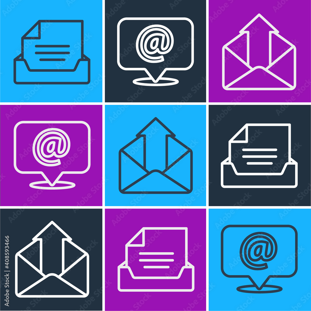 Poster set line drawer with document, outgoing mail and mail and e-mail on speech bubble icon. vector.