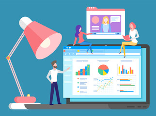 Project management and marketing planning strategy. Choosing way to attract customers. Teamwork business plan development. Woman and man under lamp office workers analyzes demand on presentation