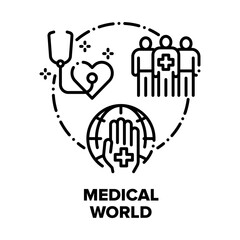 Medical World Vector Icon Concept. Medical Worldwide Healthcare And Clinic Support, Pandemic And Safe Patient, Health Examination And Disease Professional Treatment Black Illustration