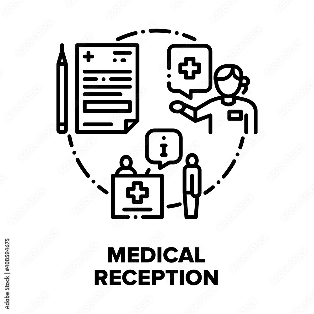 Sticker Medical Reception In Hospital Vector Icon Concept. Receptionist Discussing With Patient, Help To Filling Medicine Card And Practitioner Working At Clinic Reception Black Illustration