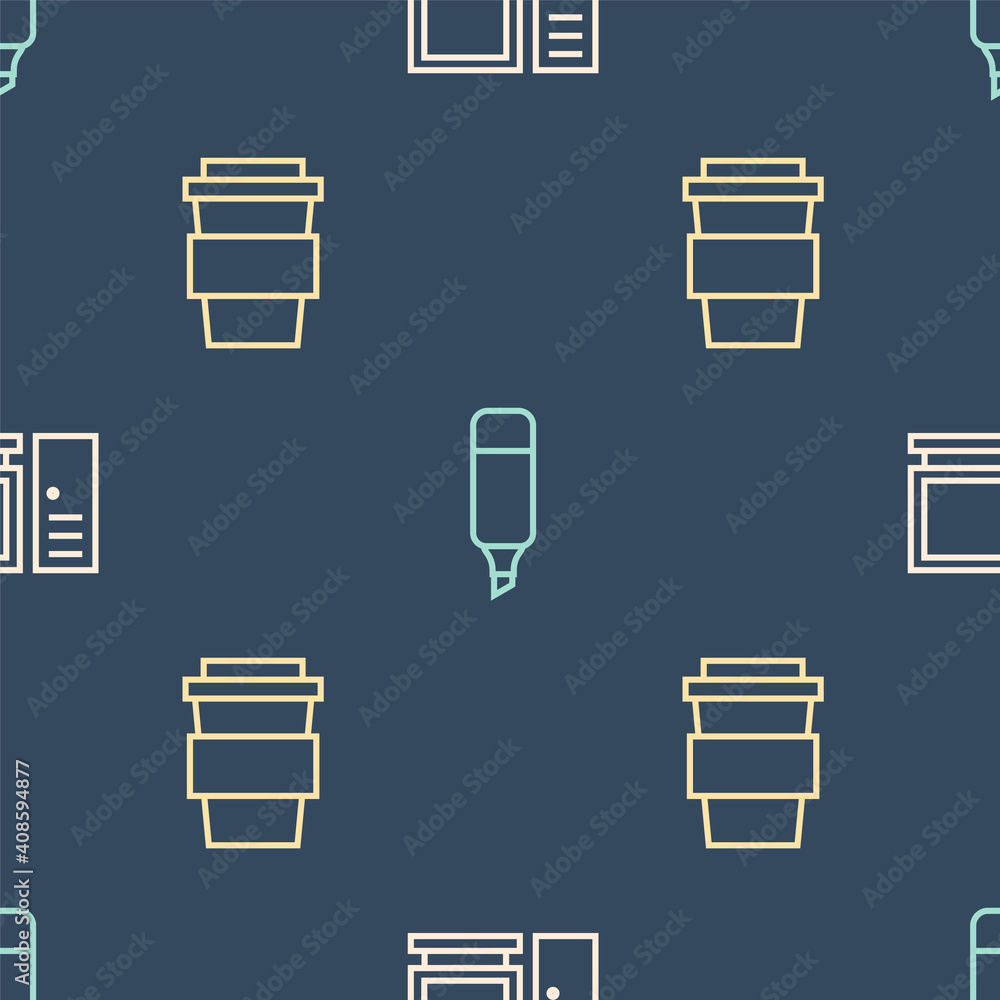 Aufkleber set line computer monitor, coffee cup go and marker pen on seamless pattern. vector.