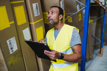 Handsome african american worker checking the next order at the warehouse