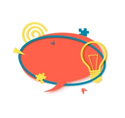 Fototapeta premium Red speech bubble in paper cut art. Memphis style banner with bulb sign and puzzle shape. Red round sticker with place for promotion text, price tag, sale ad. Papercut badge. Vector card illustration