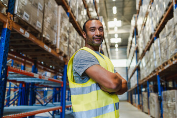 handsome warehouse worker wearing security vest posing arms crossed in a warehouse