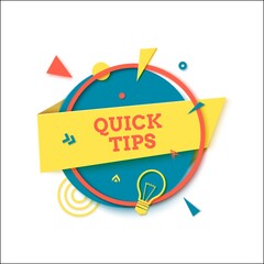 Quick tips round banner in paper cut style. Quiz show sticker in memphis retro style. 80s 90s banner with bulb sign and geometric shapes. Vector illustration with triangle circle and spiral elements