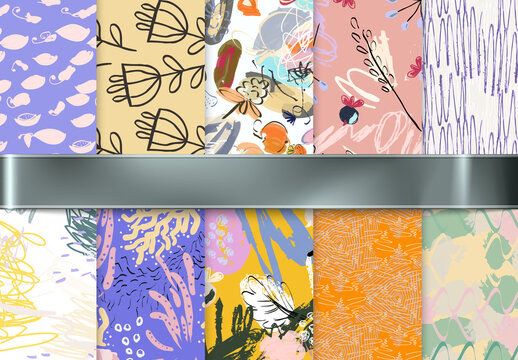 Seamless Pattern Collection with Hand Drawn Rough Abstract Strokes and Floral Elements