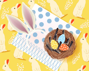 Easter banner with cute cartoon rabbits, ears of a rabbit, Easter Eggs, nest on a yellow background