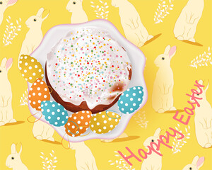Happy Easter banner with cute cartoon rabbits, Easter cake, Easter Eggs, plate on a yellow background