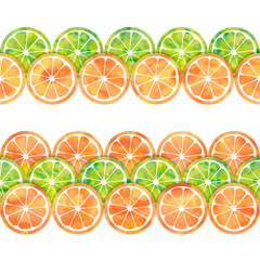 Watercolor slices of lime and orange. Seamless horizontal border. Isolated on white background. Watercolor stock illustration. Design for border,paper scotch tape, packing tape.