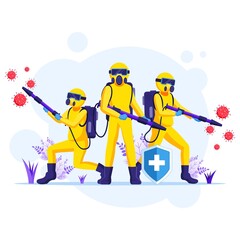 Disinfectant worker team in hazmat suits sprays cleaning and disinfecting covid-19 coronavirus cells illustration