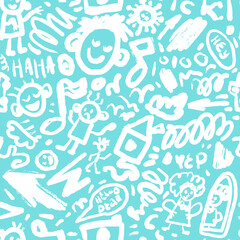 Cute brushstroke or pencils drawing vector illustration.Doodle and lettering seamless pattern with funny faces and signs