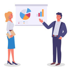 Businessmen give a presentation and show a diagram. Managers present a business plan illustration. Man and woman office workers standing near board and pointing on analytical indicators in report