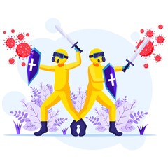 Fight the Virus Concept, Disinfectant workers in hazmat suits use sword and shield to fighting Covid-19 coronavirus illustration