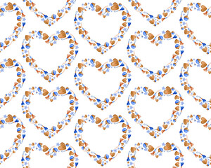 Watercolor seamless pattern with Hearts of tassels of blue and beige yarn with strung beads. Wooden Hearts. Isolated on white. Perfect for home decor, Valentine Day cards, texture wrapping paper
