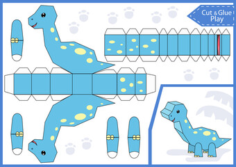 Cut and glue 3d paper dinosaur. Kids craft worksheet. Children game. Activity page. Dinosaur birthday party decoration. Vector illustration. © Betswork