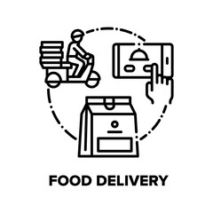 Food Delivery Vector Icon Concept. Nutrition Express Delivery Service Phone Online Application And Driver Delivering Order Nourishment Bag To Customer. Restaurant Take Away Black Illustration