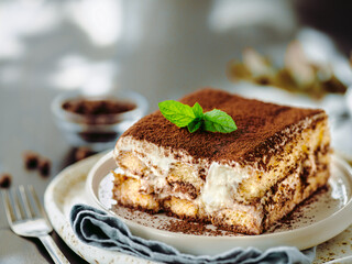 Perfect homemade tiramisu cake with fresh mint. Tiramisu portion on plate over gray background. Delicious no bake tiramisu ready-to-eat. Close up. Copy space