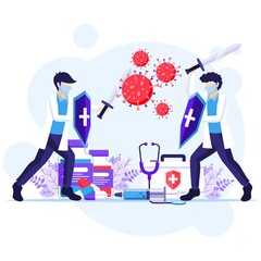 Fight the Virus Concept, Doctor and nurses use sword and shield to fighting Covid-19 coronavirus illustration