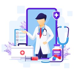 Online doctor concept, online medical health care assitance illustration