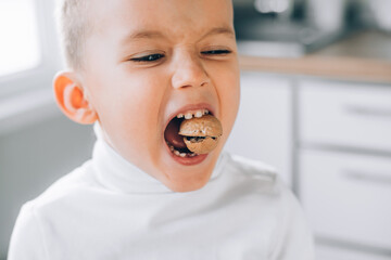 A boy child tries to crack a walnut showing healthy strong baby teeth